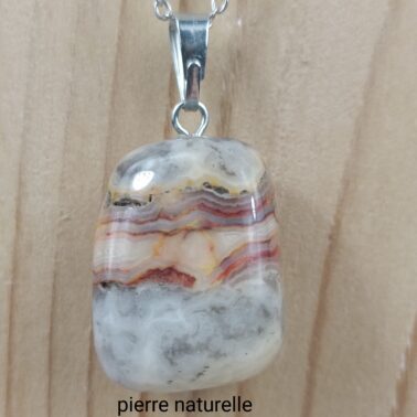 Collier pierre roulée Crazy Lace naturelle avec chaîne argentée – Qualité A