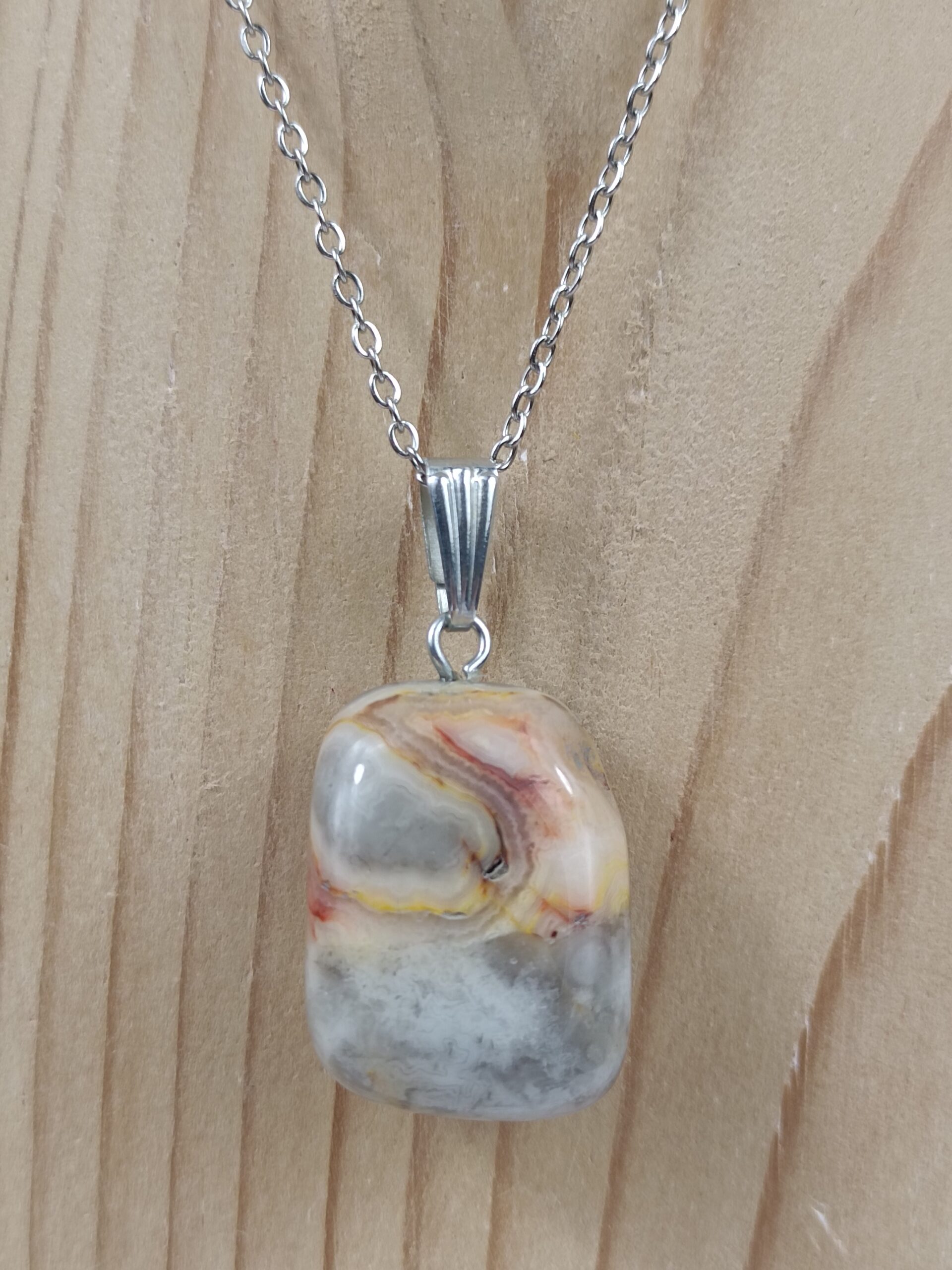 Collier pierre roulée Crazy Lace naturelle avec chaîne argentée – Qualité A – Image 2