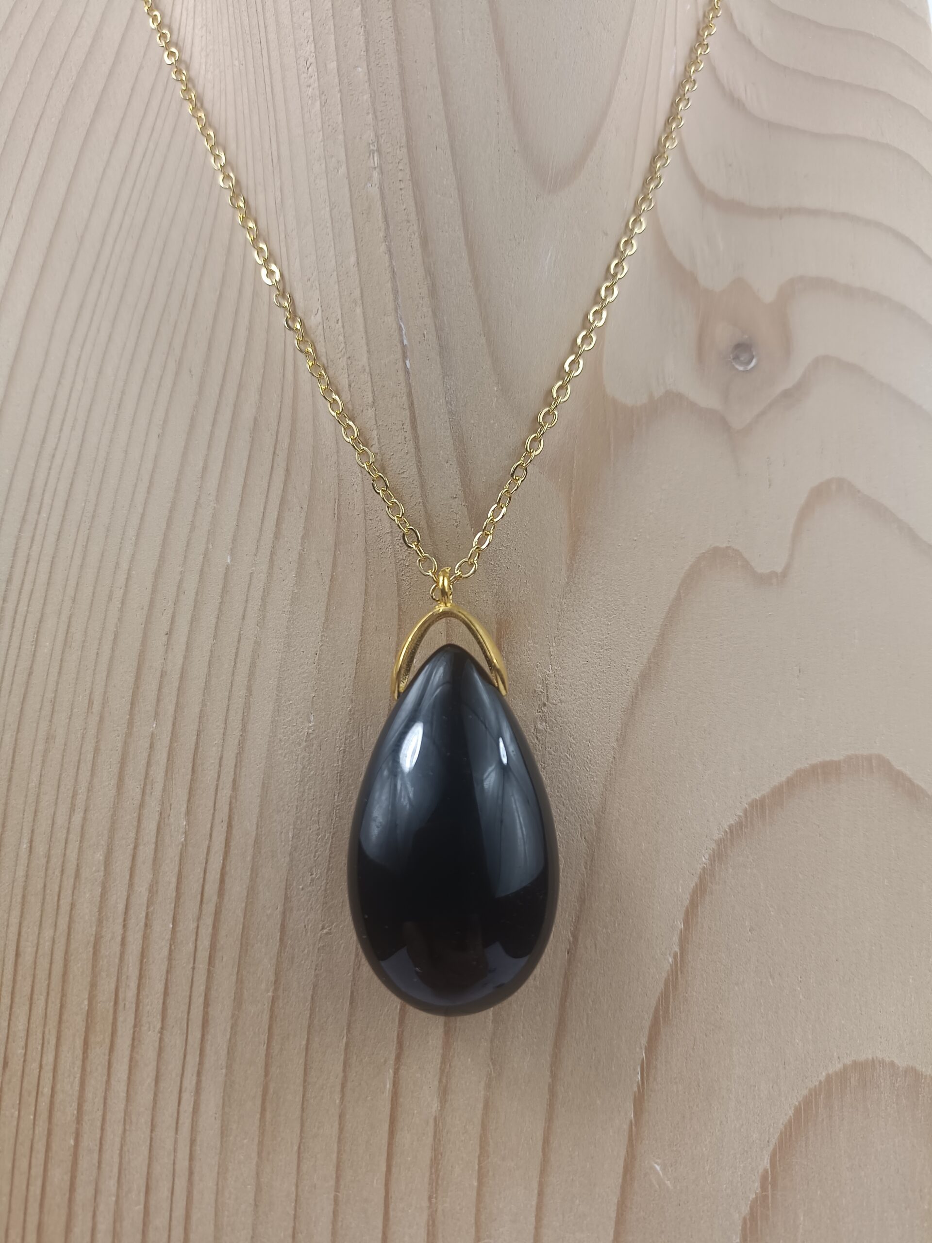 Collier goutte sautoir en Obsidienne noire naturelle avec chaîne dorée – Qualité A+ – Image 3