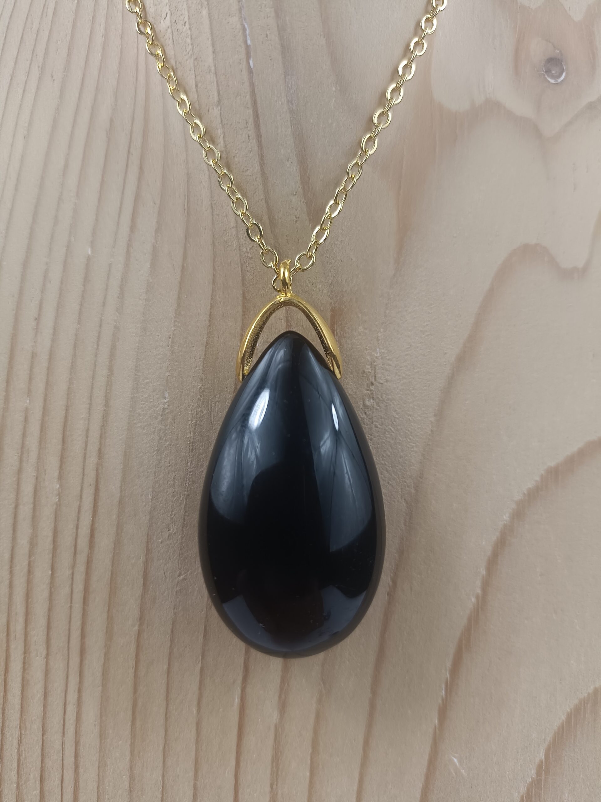 Collier goutte sautoir en Obsidienne noire naturelle avec chaîne dorée – Qualité A+ – Image 2