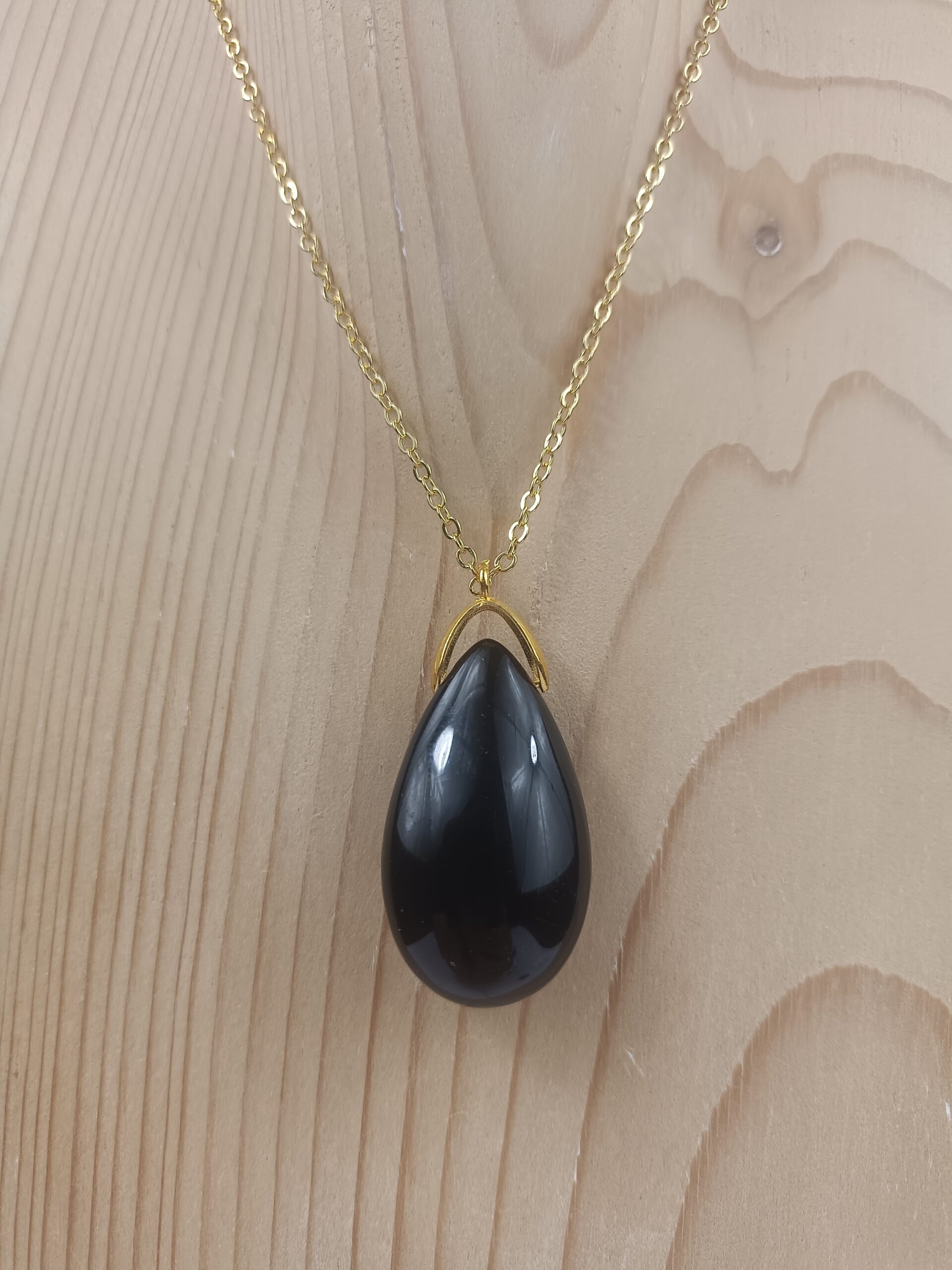 Collier goutte sautoir en Obsidienne noire naturelle avec chaîne dorée – Qualité A+
