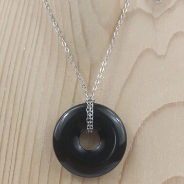Collier Donut en Obsidienne noire naturelle avec chaîne argentée – Pierre volcanique Qualité A