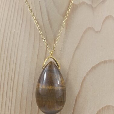 Collier goutte sautoir en Œil de Tigre naturel avec chaîne dorée – Qualité A+