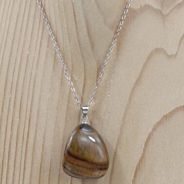 Collier pierre roulée Œil de Tigre naturel avec chaîne argentée – Qualité A