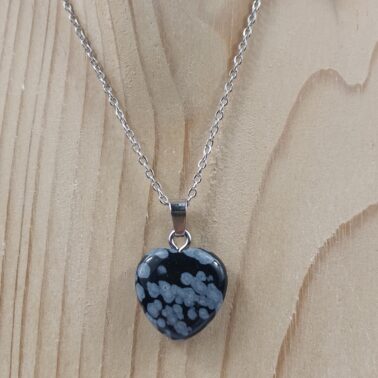 Collier cœur en pierre naturelle Obsidienne flocon de neige