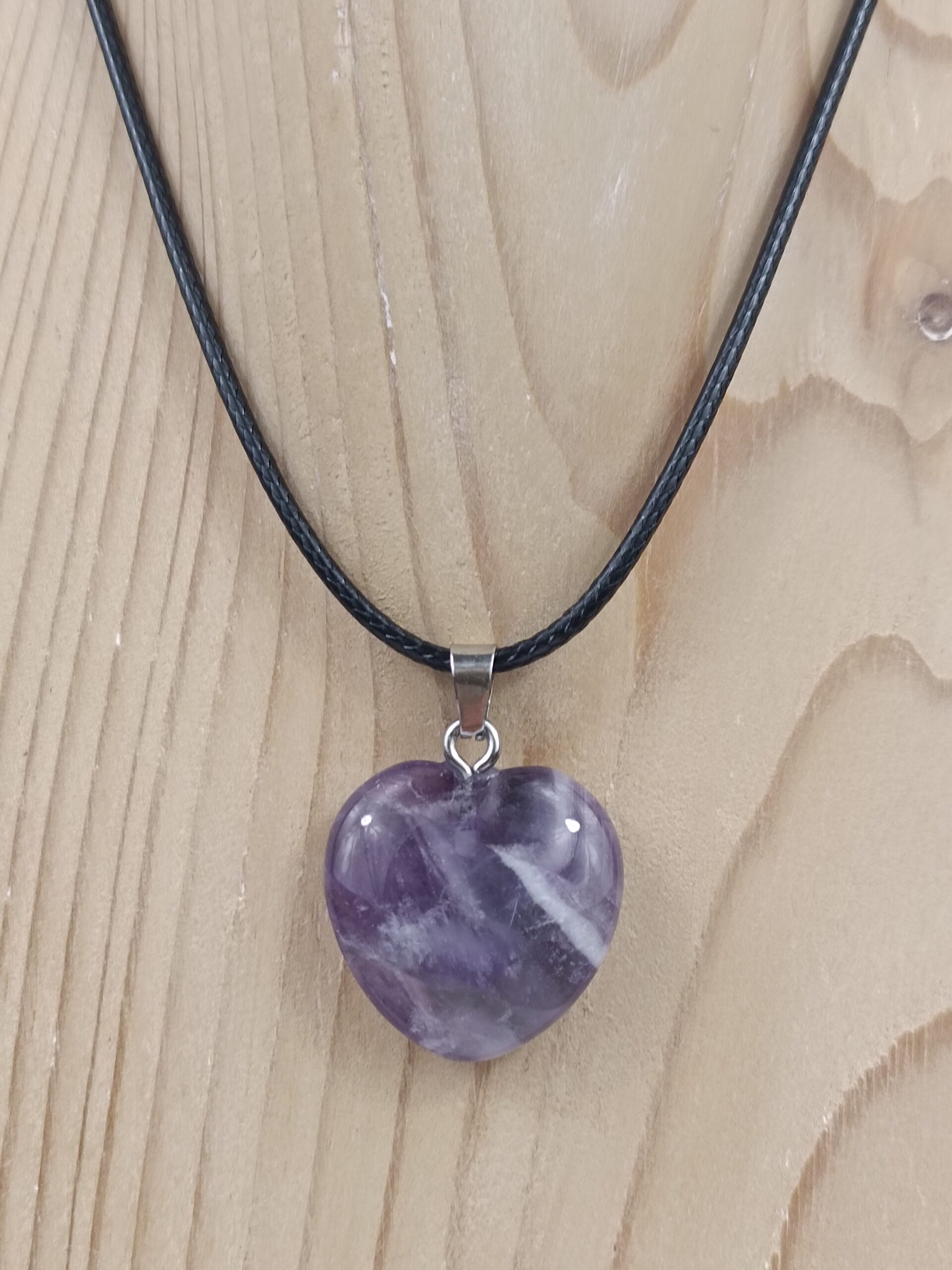 Collier cœur 2x2 cm pierre naturelle Améthyste rubanée