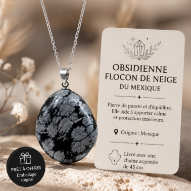 Collier pierre roulée Obsidienne flocon de neige naturelle qualité A