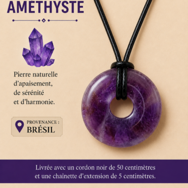 Collier Donut en Pierre d'Améthyste avec cordon noir – Qualité A