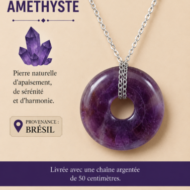 Collier Donut en Améthyste naturelle avec chaîne argentée – Qualité A