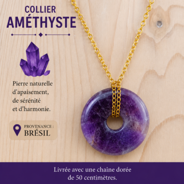 Collier Donut en Améthyste naturelle avec chaîne dorée – Qualité A