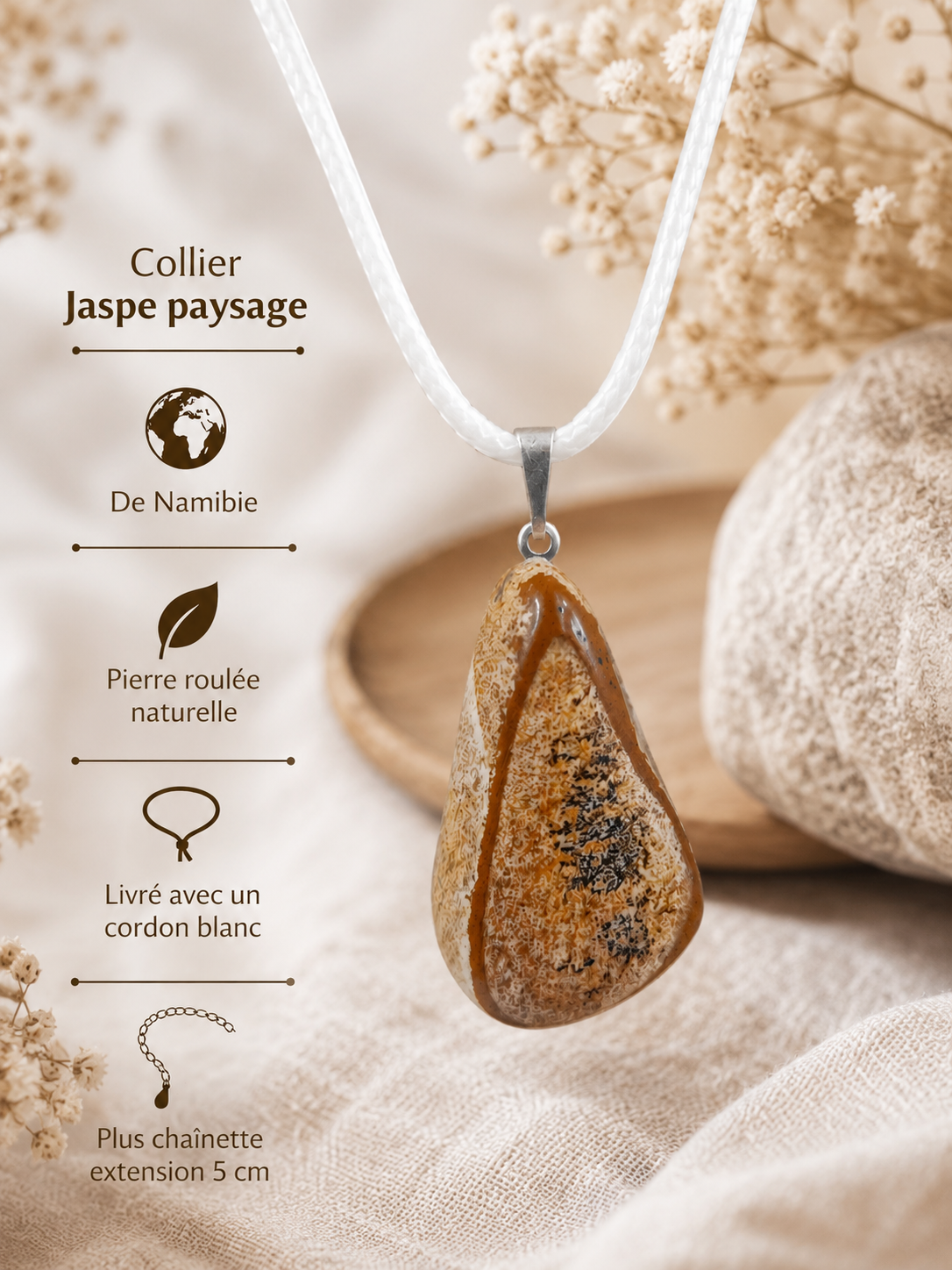 Collier Jaspe paysage en pierre roulée naturelle qualité A