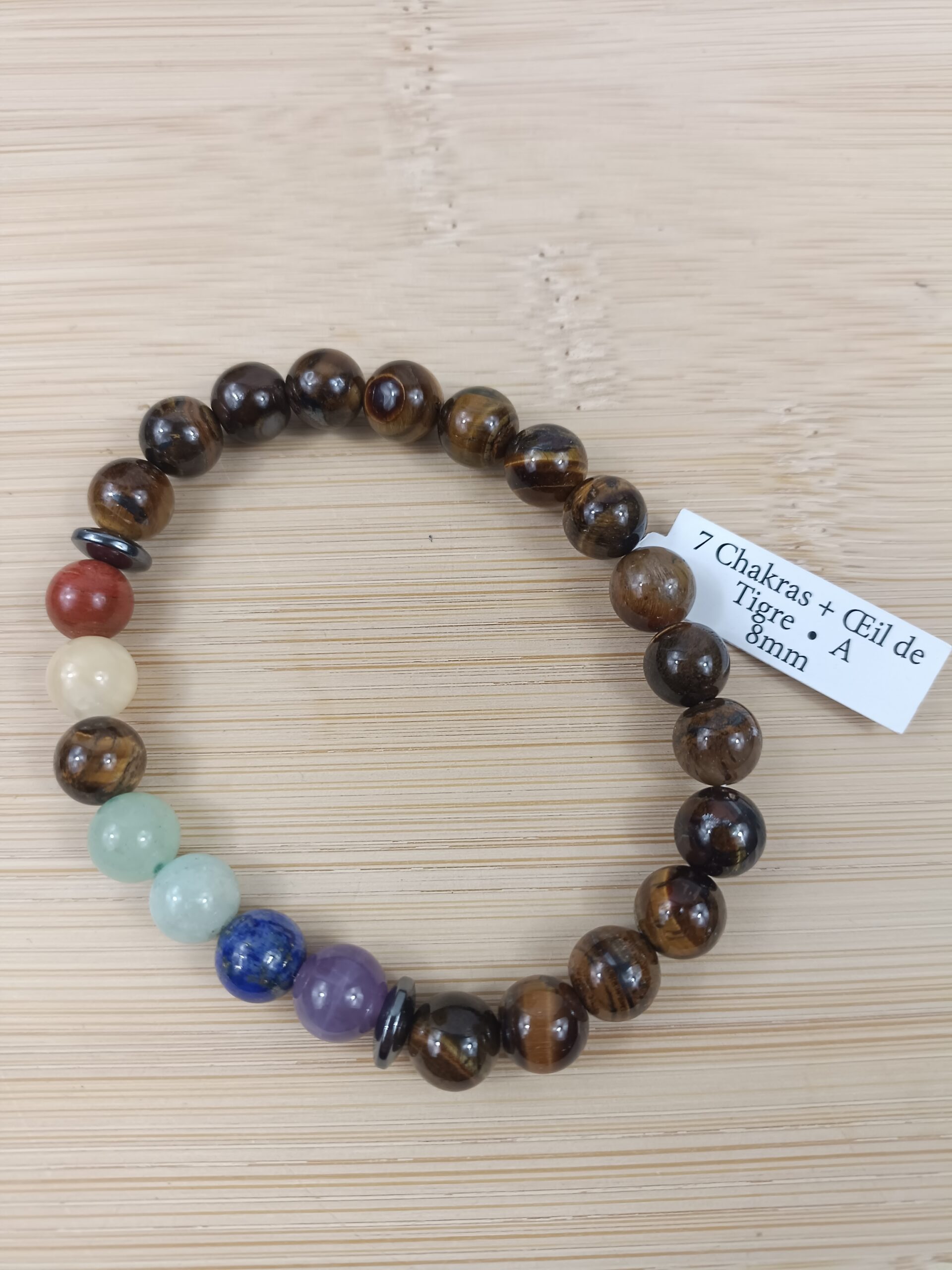 Bracelet Œil de tigre 7 chakras Pierres naturelles qualité A – 8 mm – Image 2