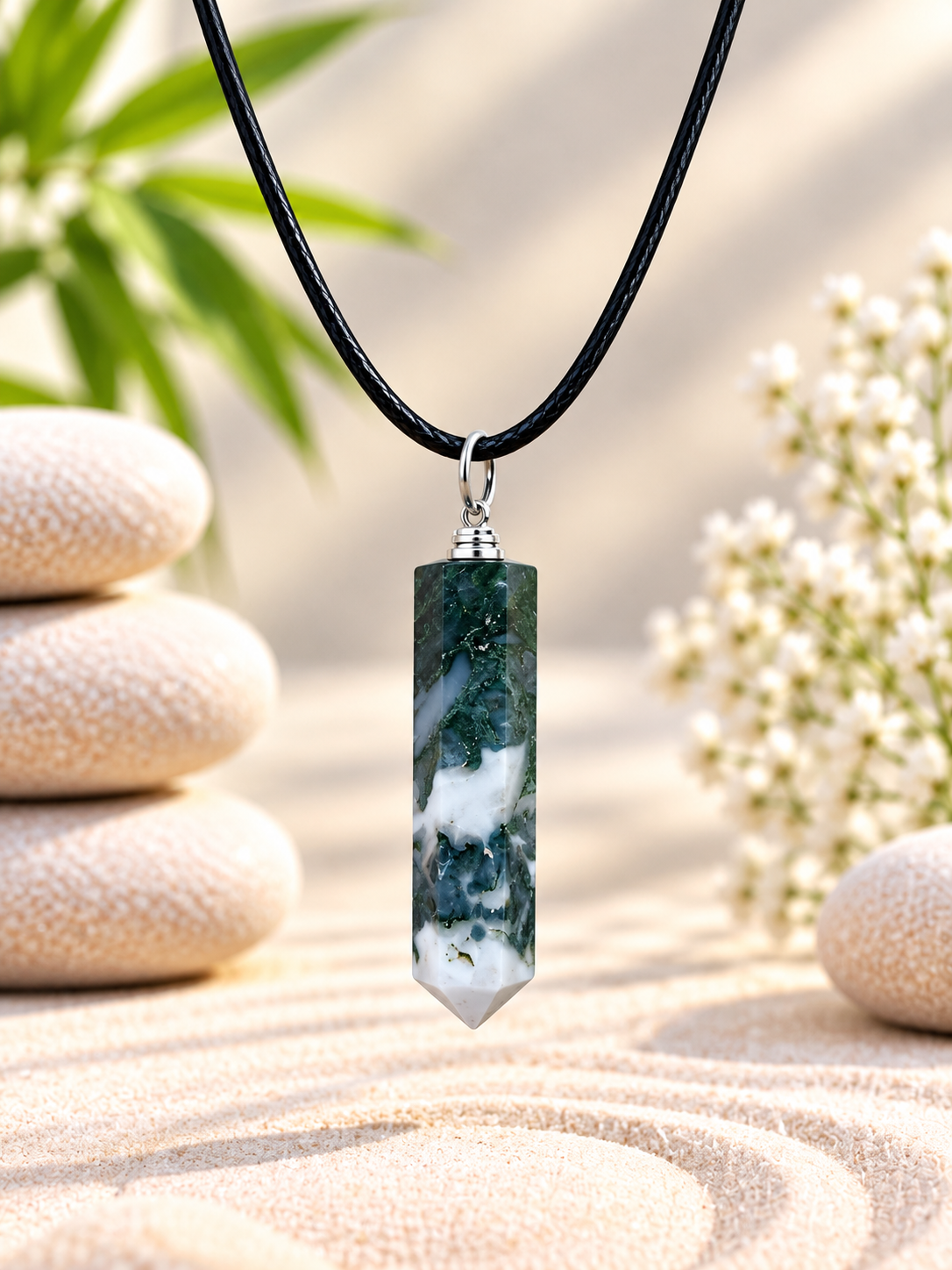 Collier pointe Agate mousse pierre naturelle – Qualité A