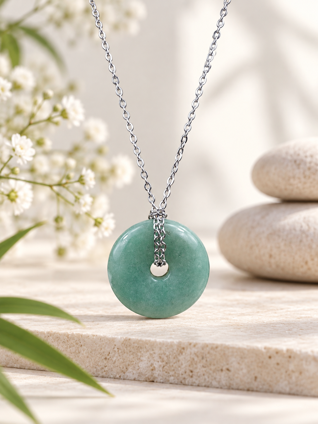 Collier Donut en Aventurine verte naturelle avec chaîne – Qualité A