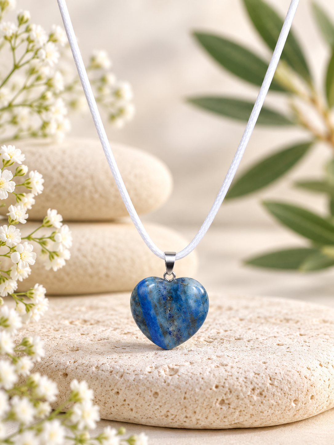 Collier cœur en Pierre Lapis Lazuli naturelle avec cordon blanc – Qualité A
