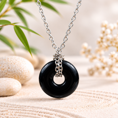 Collier Donut en Obsidienne noire naturelle avec chaîne argentée – Pierre volcanique Qualité A