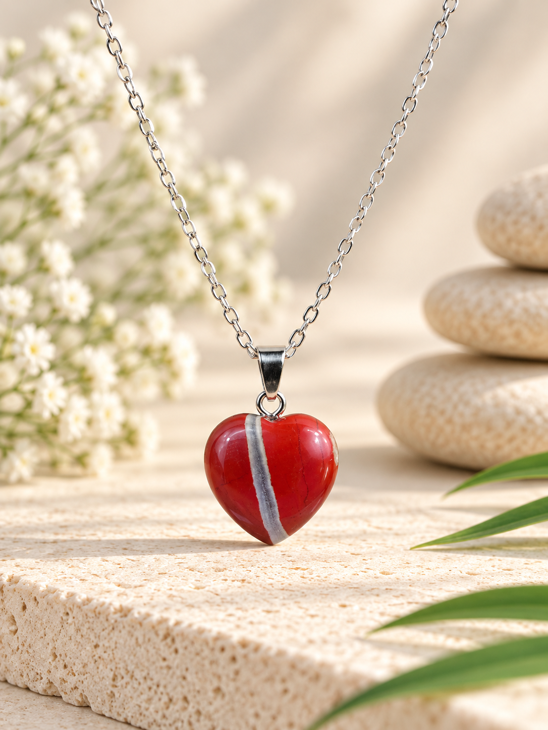 Collier cœur en Jaspe Rouge pierre naturelle