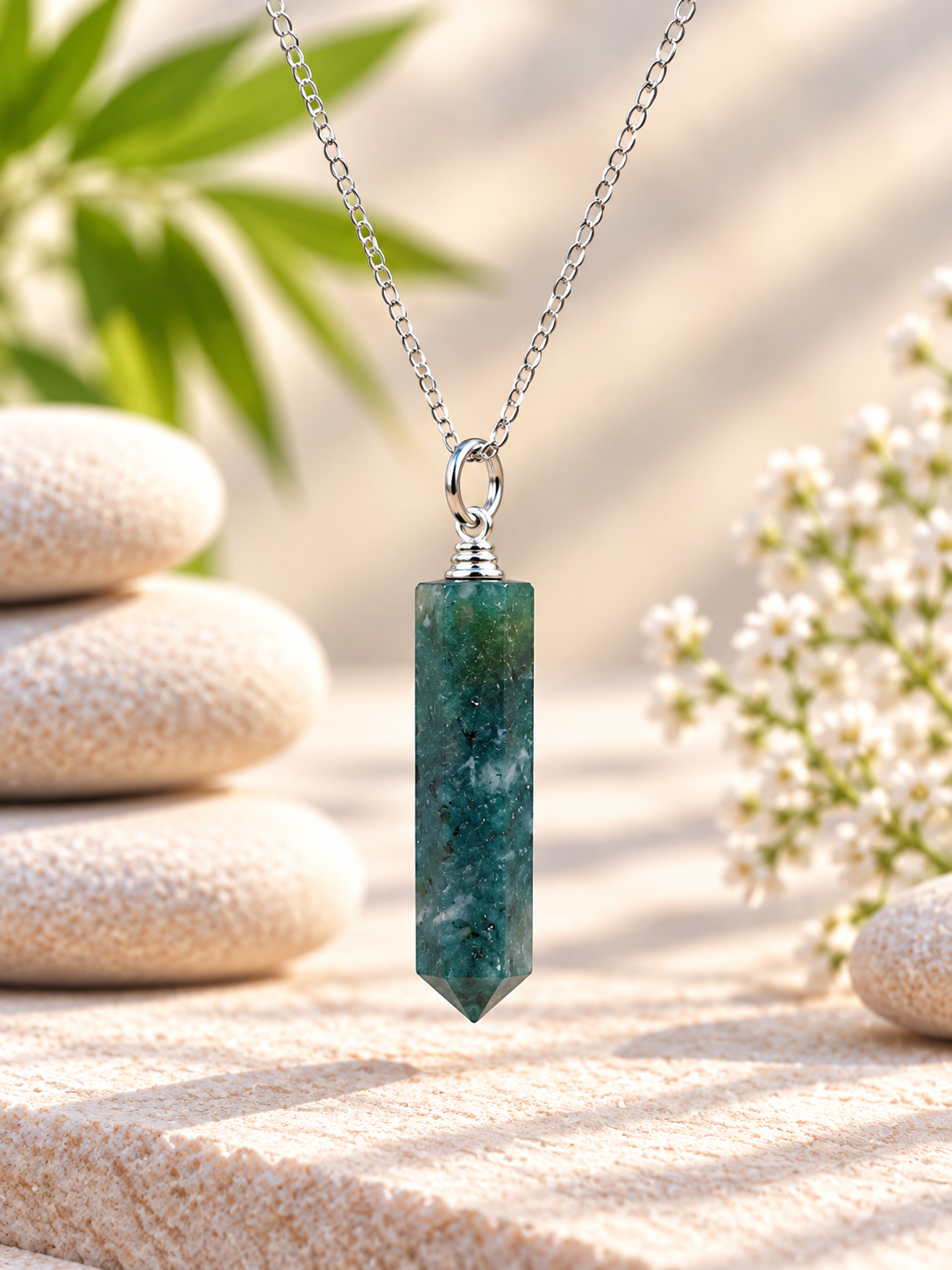 Collier pointe Agate mousse pierre naturelle – Qualité A