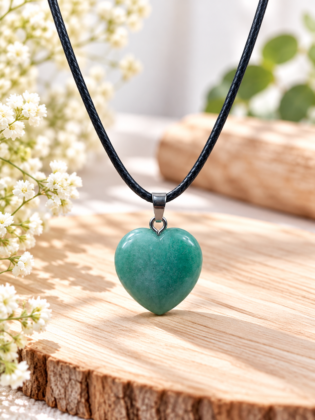 Collier pierre naturelle en forme de cœur en Aventurine verte