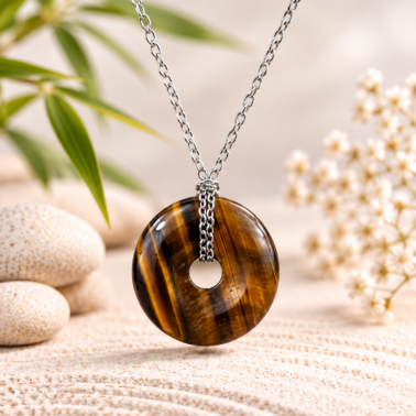 Collier Donut en Œil de Tigre naturel avec chaîne argentée – Qualité A