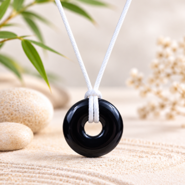 Collier Donut en Obsidienne noire naturelle avec cordon blanc – Qualité A