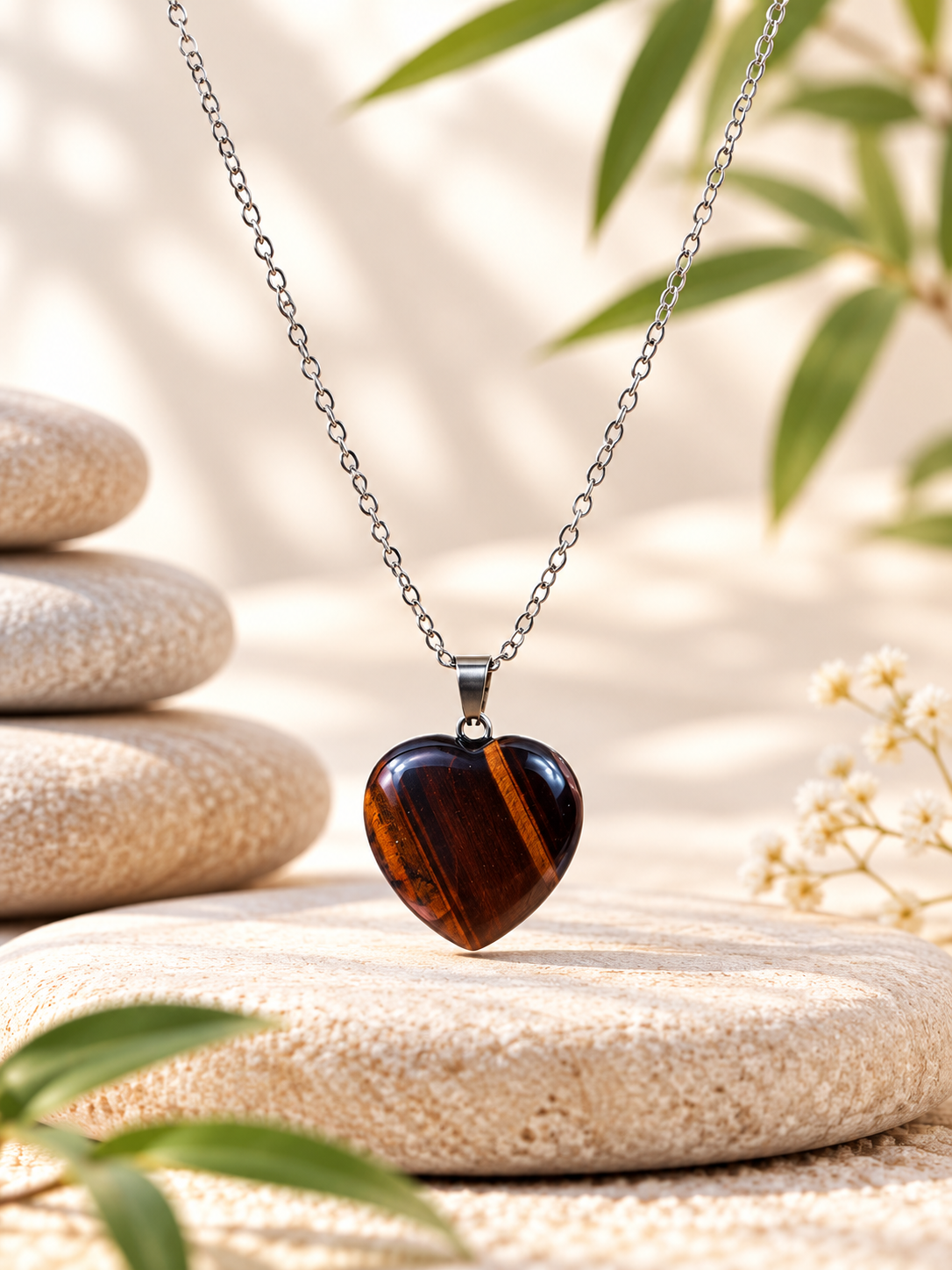 Collier cœur en Œil de taureau pierre naturelle