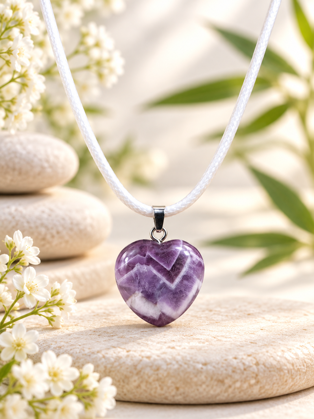 Collier cœur 2x2 cm pierre naturelle Améthyste rubanée