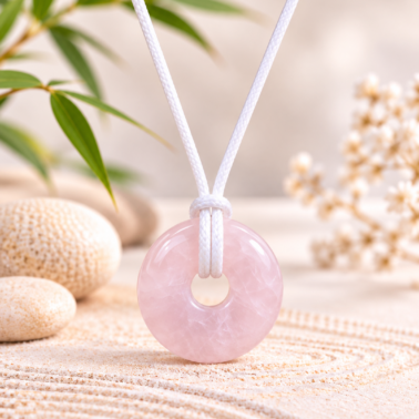 Collier Donut en Pierre de Quartz Rose avec cordon blanc – Qualité A