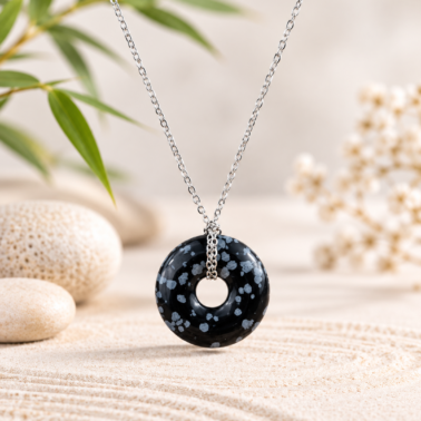 Collier Donut en Obsidienne Flocon de Neige naturelle avec chaîne argentée – Qualité A
