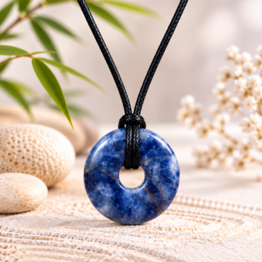 Collier Donut en Pierre Sodalite avec cordon noir – Qualité A