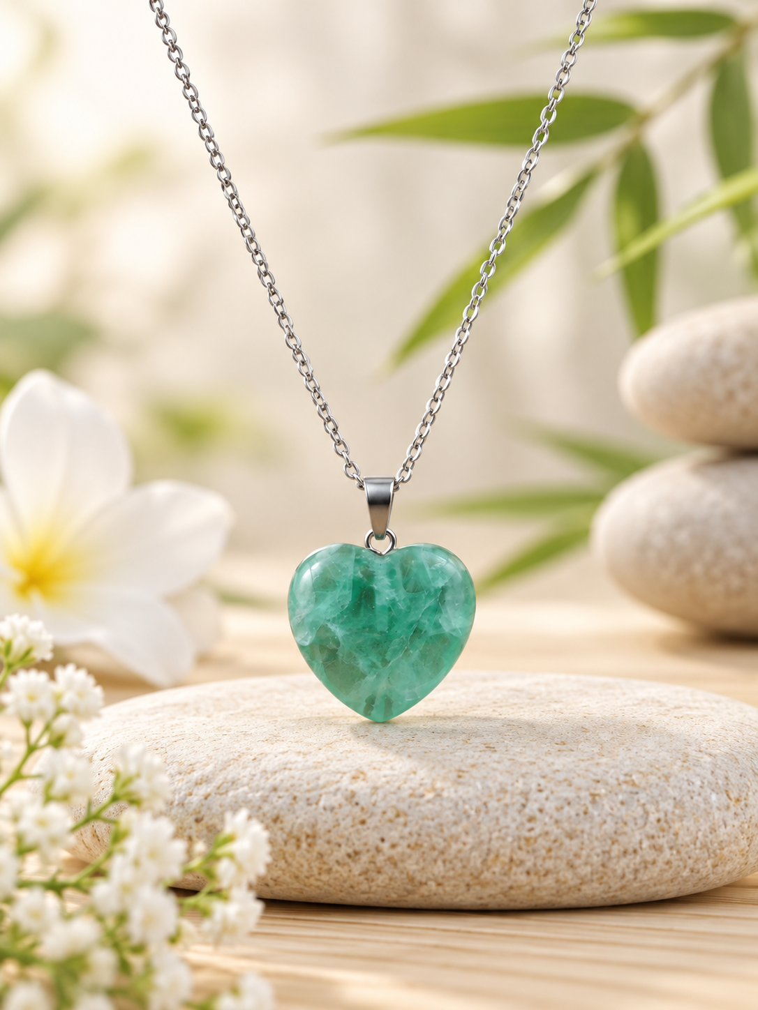 Collier pierre naturelle cœur fluorine verte