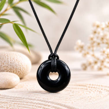 Collier Donut en Obsidienne noire naturelle avec chaîne argentée – Qualité A