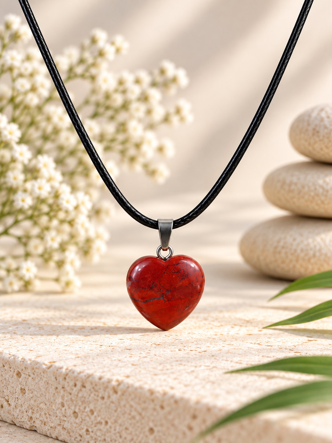 Collier cœur en Jaspe Rouge pierre naturelle