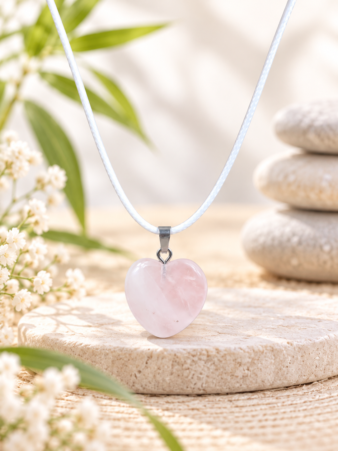 Collier quartz rose en forme de cœur 2 x 2 cm