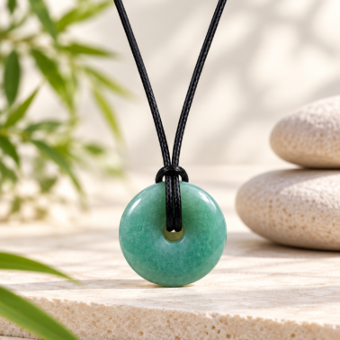Collier Donut en Aventurine verte naturelle avec cordon noir – Pierre du Brésil