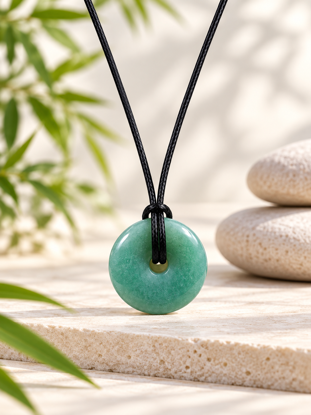 Collier Donut en Aventurine verte naturelle avec cordon noir – Pierre du Brésil