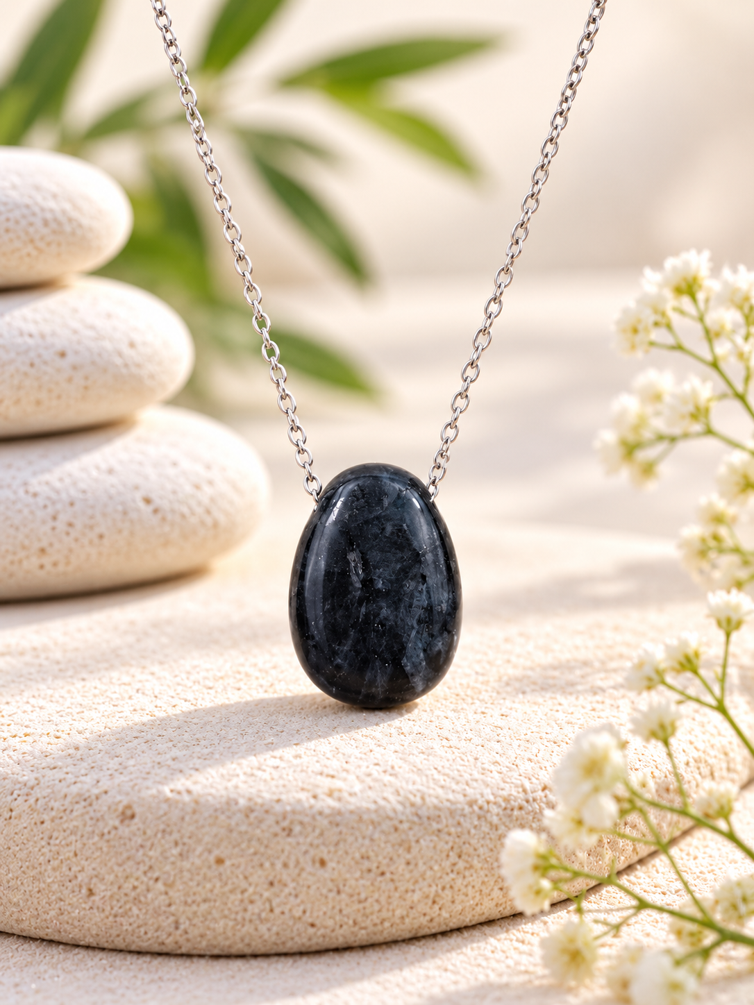 Collier pierre naturelle pierre percée forme goutte en Larvikite