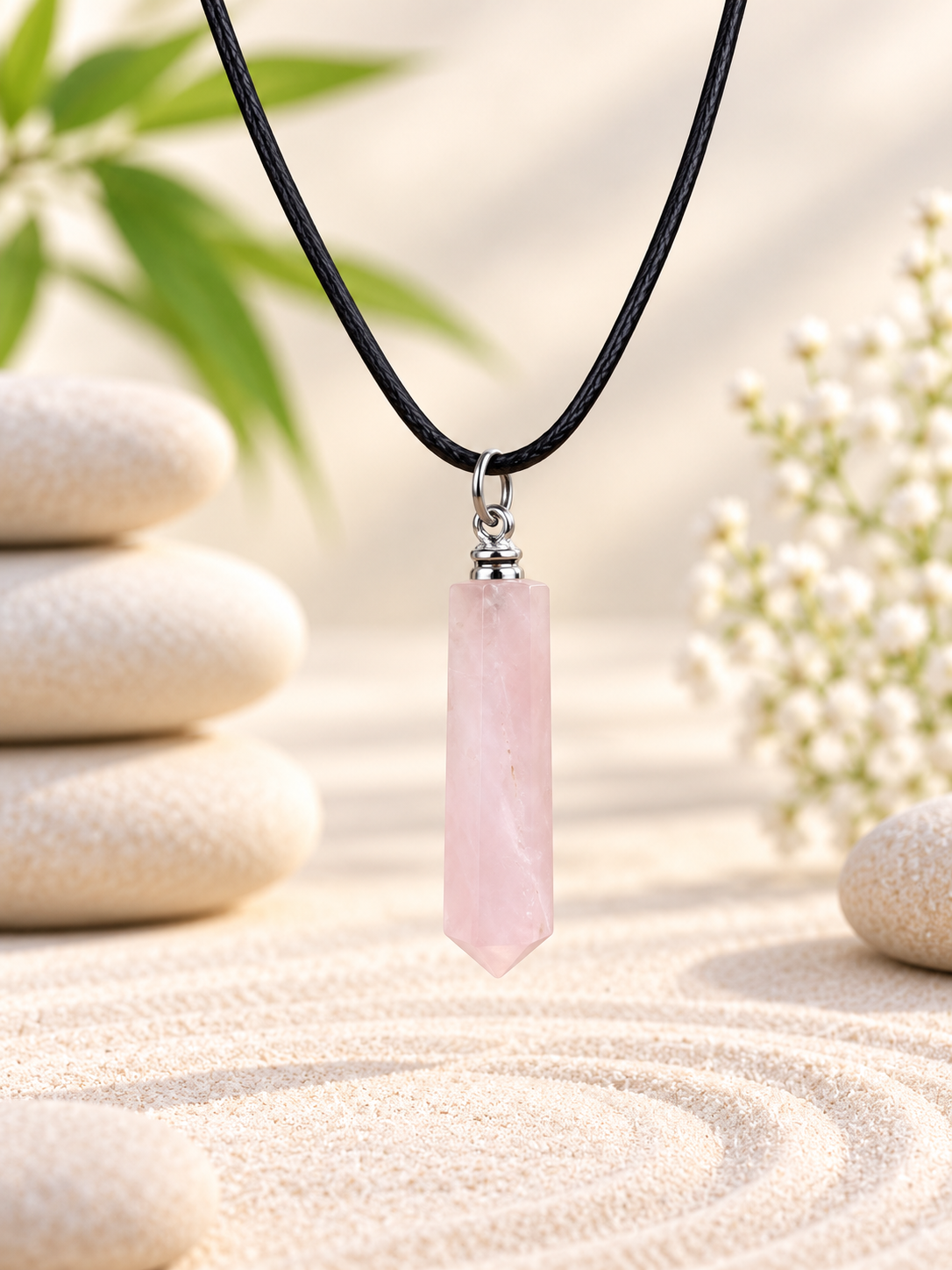 Collier pendentif pointe en pierre naturelle Quartz Rose qualité A