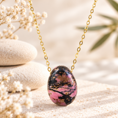 Collier Rhodonite pierre percée naturelle qualité A