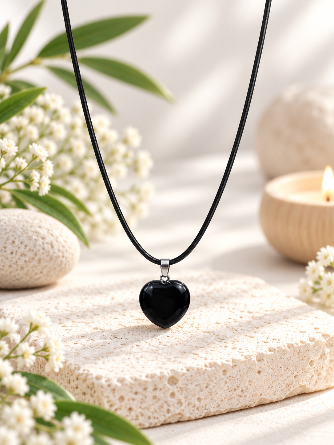 Pendentif cœur en Obsidienne noire naturelle avec cordon noir – Qualité A