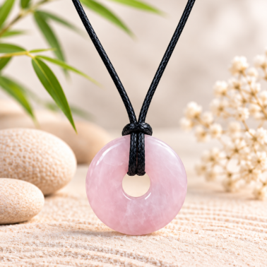 Collier Donut en Quartz Rose naturel avec cordon noir – Qualité A