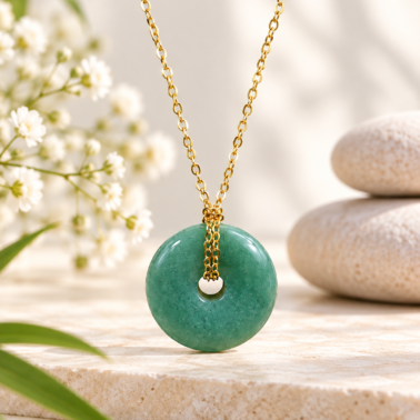 Collier Donut en Aventurine verte naturelle avec chaîne dorée – Qualité A