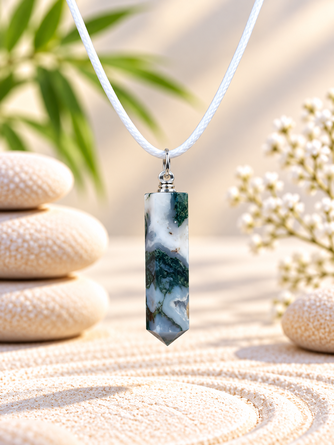 Collier pointe Agate mousse pierre naturelle – Qualité A