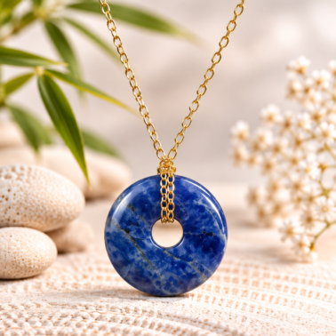 Collier Donut en Sodalite naturelle avec chaîne argentée – Pierre naturelle du Brésil