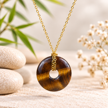 Collier Donut en Œil de Tigre naturel avec chaîne dorée – Qualité A