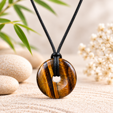 Collier Donut en Œil de Tigre naturel avec cordon noir – Qualité A