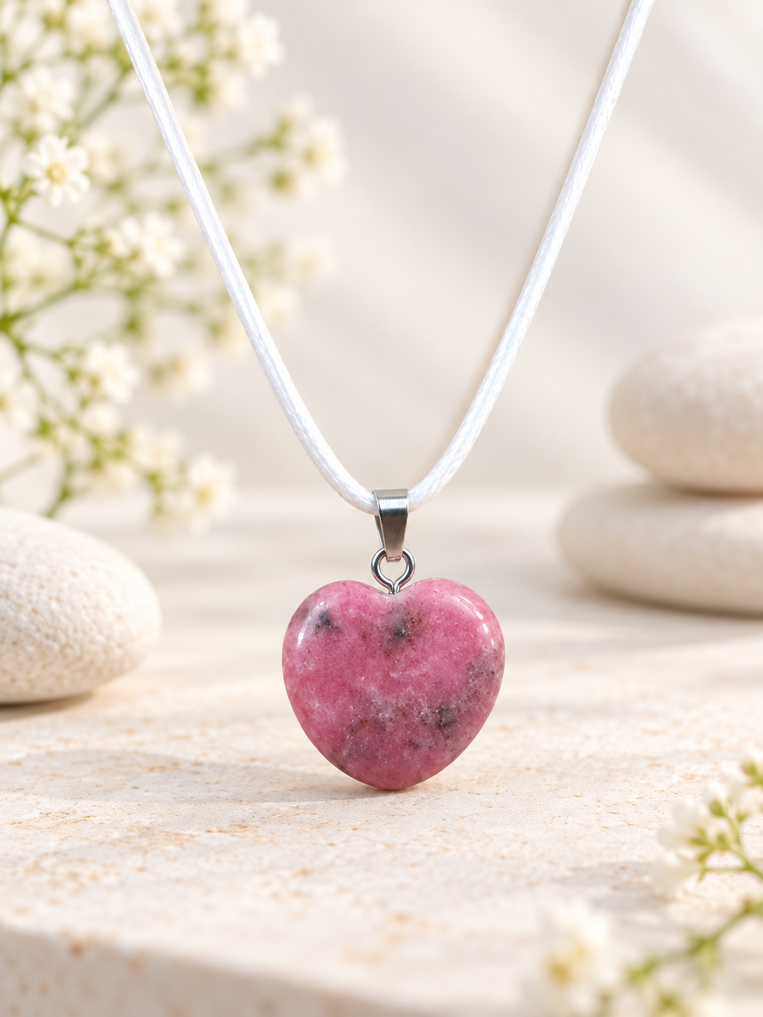 Collier cœur 2x2 cm pierre naturelle Rhodonite