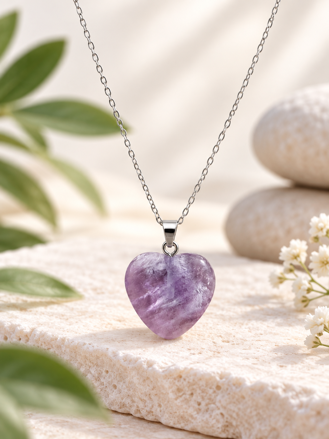 Collier cœur 2 x 2 cm pierre naturelle en fluorine multicolore