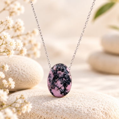 Collier Rhodonite pierre percée naturelle qualité A
