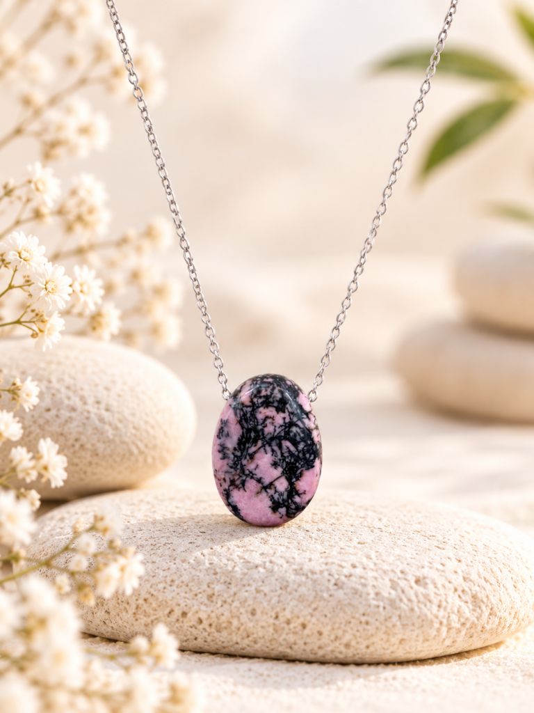Collier Rhodonite pierre percée naturelle qualité A
